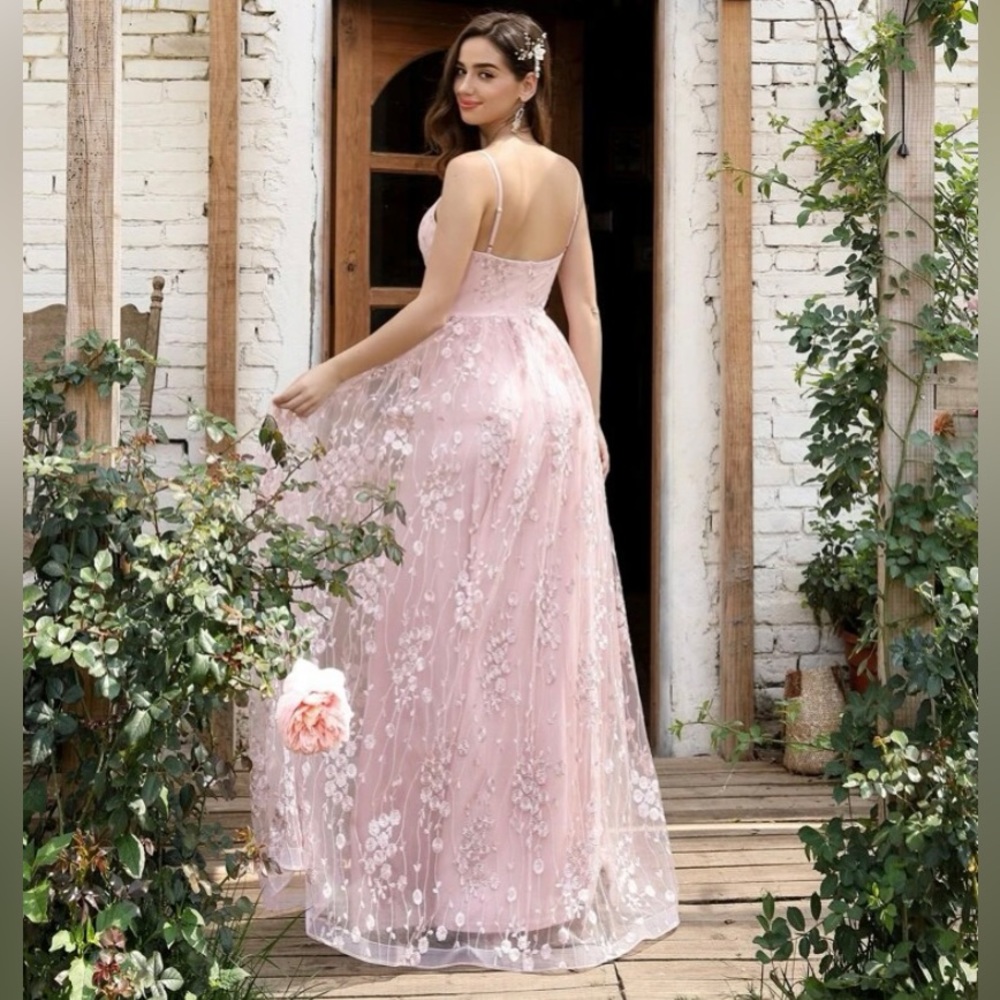 SHEIN Belle  Embroidery Mesh Overlay Cami Flowy Maxi Dress